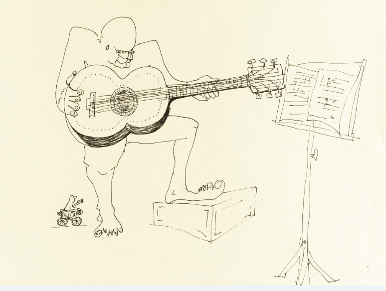 Untitled illustration of a four-eyed guitar player by John Lennon. All rights of reproduction reserved to the estate of the late John Lennon.